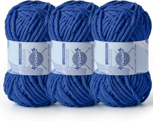 Chunky Chenille Yarn for Crocheting，Baby Yarn for Crocheting Soft Blankets，Bulky Yarns for Crochet Amigurumi，3×100g (3×74.3yds) Fluffy Velvet Yarns for Hand Knitting (3 Sapphire Blue)