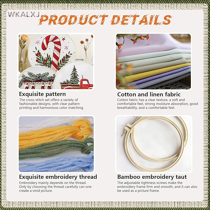 WKALXJ 4 Sets Christmas Embroidery Kits for Adults, Embroidery Kit for Beginners, Christmas Cross Stitch Kits for Beginners with Pattern, Needles, Threads, Tools (Candy Cane+Fireplace+Stocking+Truck)