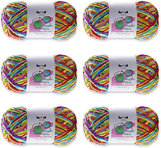 6 Skeins Soft Fluffy Velvet Yarn, Chenille Chunky for Hand Knitting and Crocheting DIY Craft, Amigurumi Crochet Yarns（6×196.8yds, 6×3.5oz）(Rainbow Color)