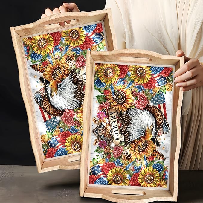 DoxQcs DIY Diamond Art Wooden Tray Kit Easter Food Tray with Handle Diamond Painted Table Decoration Tray for Breakfast Bar Dinner Table Diamond Art Painting for Beginners-19-USA Eagle