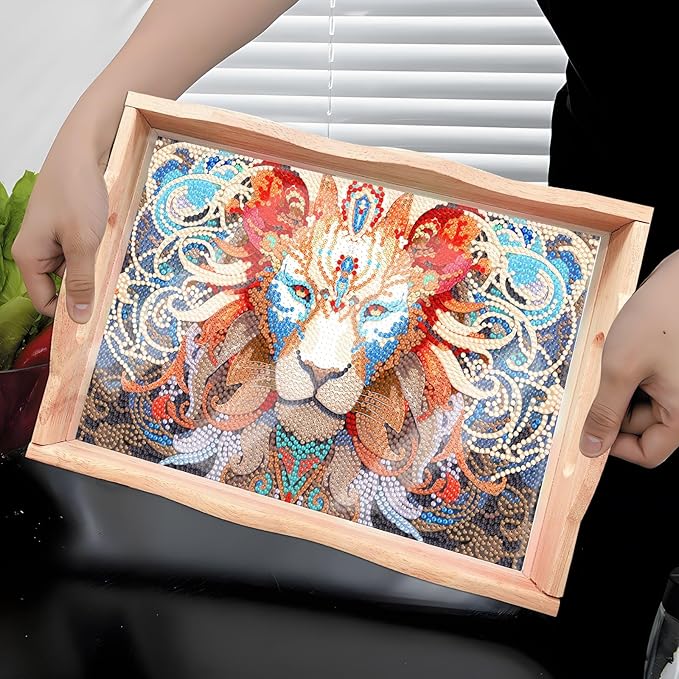 DIY Art Painting Wooden Tray Kit, Food Tray with Handle Diamond Painted Table Decoration Tray, for Breakfast, Bar Dinner Table Diamond Dots Gem Painting Art Set for Beginners (#29-Lion)