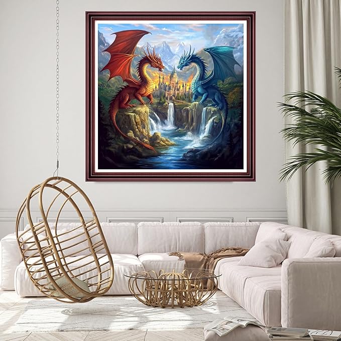 Stamped Cross Stitch Kits for Adults 11CT Printed Cross-Stitch Patterns Embroidery Kits Easy Cross Stitching Needlepoint Kits Crossstitch-Water Dragon and Fire Dragon Castle 18x18 inch