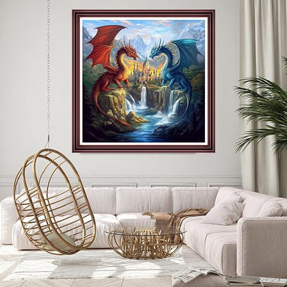 Stamped Cross Stitch Kits for Adults 11CT Printed Cross-Stitch Patterns Embroidery Kits Easy Cross Stitching Needlepoint Kits Crossstitch-Water Dragon and Fire Dragon Castle 18x18 inch