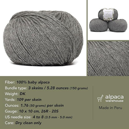 100% Baby Alpaca Yarn Wool Set of 3 Skeins (150 Grams) DK Weight - Made in Peru - Heavenly Soft and Perfect for Knitting and Crocheting (Soft Gray, DK)