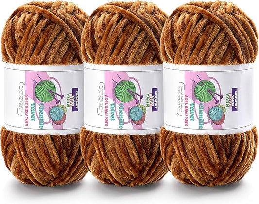 3 Skeins Velvet Chunky Yarn, Chenille Yarn for Crocheting and Hand Knitting, Blanket Yarns for Making Scarves and Knitting Projects - Amigurumi Crochet Yarn (3×3.5oz, 3×87.5yds)