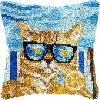 veirousa Orange Cat Latch Hook Kits for Adults, Beginners DIY Hooked Pillow Kit Pre-Printed Pillowcase Hook and Latch Rug Kits Cross-Stitch Cushion Cover for Home Sofa Decoration 17x17 inch