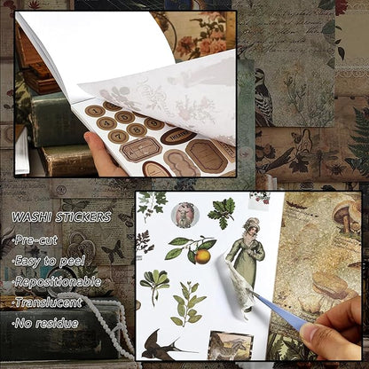 Prstincol 4 Pack Vintage Washi Stickers and Papers for Scrapbooking, 4×40 Sheets Ephemera Book for Art Journaling,Stickers and Decoupage Papers for Junk Journal
