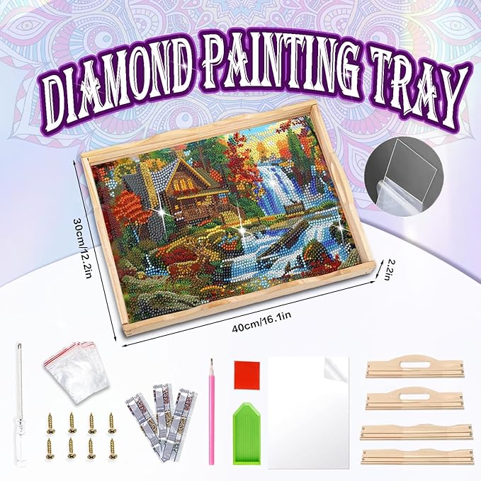 EWJRNSF Diamond Art Kits for Adults Wooden Serving Trays with Handles, 5D Diamond Painting Big Gem Arts and Craft Gifts Trays Decor Gift Home Decor 12.2x16.1 Inches Landscape A