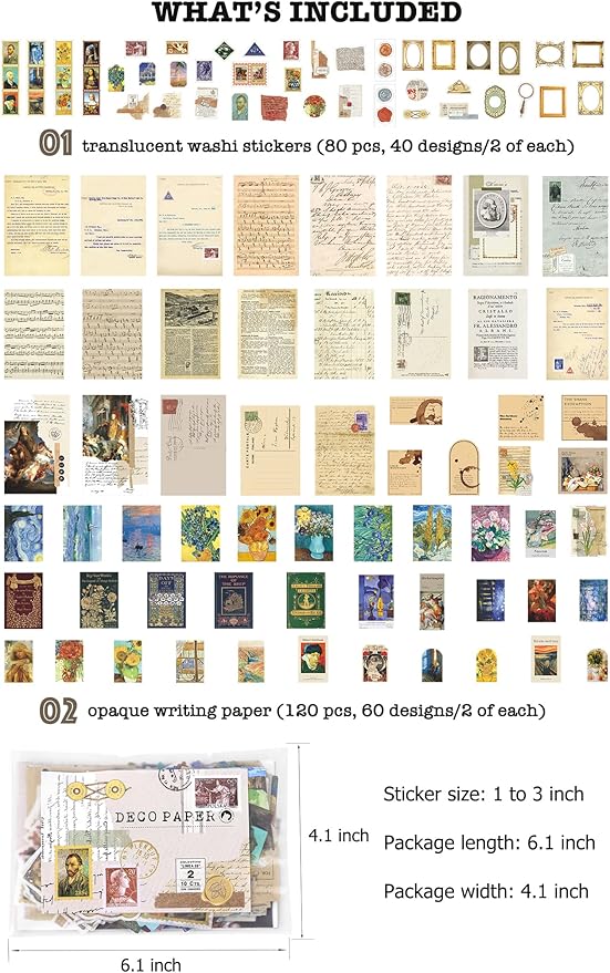 Knaid Vintage Scrapbook Supplies Pack (200 Pieces) for Junk Journal Bullet Journals Planners Aesthetic Paper Stickers Craft Kits Cottagecore Collage Album (Artistic)