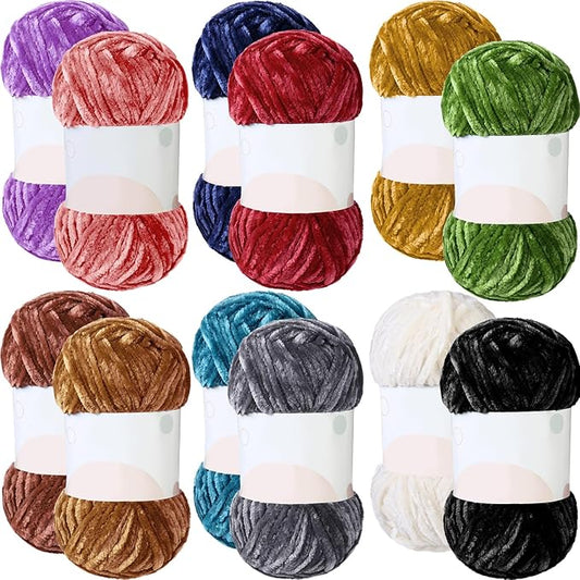 Xinnun 12 Skeins 1116 Yards Chenille Velvet Soft Thick Plush Yarn Bulk for Crocheting Knitting Blanket DIY Weaving Craft, 6mm, 3.5 Oz/Skein(Elegant Color)