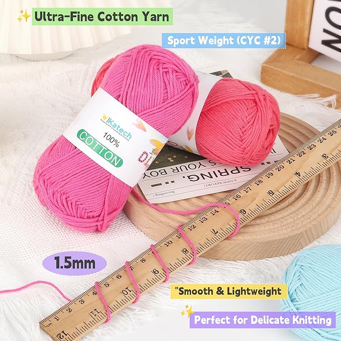 Katech 100 Percent Cotton Yarn for Crocheting & Knitting–12-Color of 137 Yards/1.76 oz Baby Cotton Yarn Sport Weight CYC #2-Soft & Breathable-Ideal for Dishcloths, Baby Clothes, Potholders & Crafts(C)