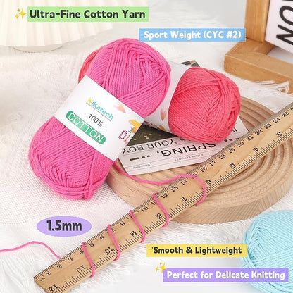Katech 100 Percent Cotton Yarn for Crocheting & Knitting–12-Color of 137 Yards/1.76 oz Baby Cotton Yarn Sport Weight CYC #2-Soft & Breathable-Ideal for Dishcloths, Baby Clothes, Potholders & Crafts(C)