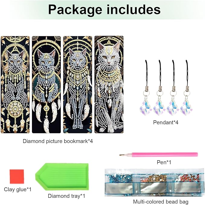 4-Piece Dreamcatcher Cat Diamond Painting Bookmarks Set for Adults – DIY 5D Rhinestone Art Bookmark Kits with Tassels, Beautiful Diamond Art Bookmarks for Crafts and Gifts