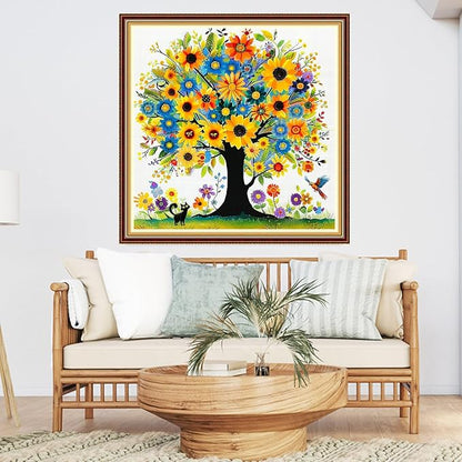 DMCVIVR Stamped Cross Stitch Kits for Adults Beginners Embroidery Kits 11CT Needlepoint Kits Cross Stitch Patterns Embroidery Patterns-Tree of Life Cat 18x18 inch