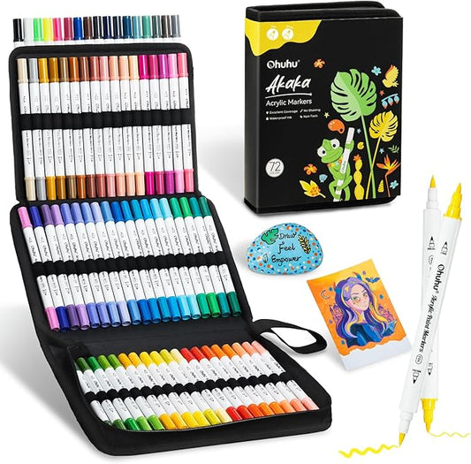 Ohuhu Acrylic Paint Markers Dual Tips: 72 Colors Brush & Fine Paint Pens High Opacity Acrylic Markers Waterproof Lightfast for Christmas Gifts Rock Painting 3D Prints Egg Wood Glass Ceramic DIY Crafts