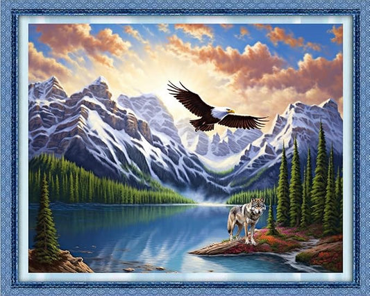 Dimensean Stamped Cross Stitch Kits Full Range of Embroidery Patterns Starter Kits for Beginners Adult DIY Cross Stitches Needlepoint Kits 11CT-Mountain River Forest Eagle 16x20 inch