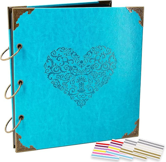 ADVcer Photo Album DIY Scrapbook, 10x10 inch 50 Pages Vintage Leather Cover Three-Ring Binder Picture Booth Albums + 9 Colors 408pcs Self Adhesive Photos Corners for Personalized Memory Keep (Cyan)