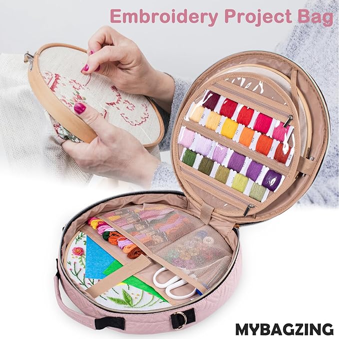 | Round Embroidery Bag(Empty) - Embroidery Storage Bag -Cross Stitch Supplies Organizer with Multiple Pockets for Embroidery Kits, Cross Stitch Suppliers, Embroidery Floss (Bag Only)