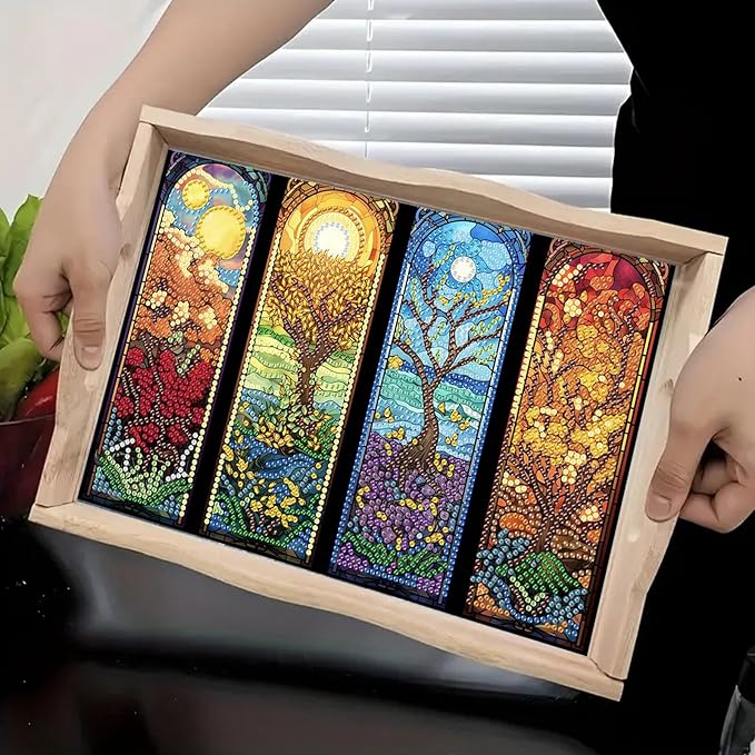 DoxQcs DIY Diamond Art Wooden Tray Kit Easter Food Tray with Handle Diamond Painted Table Decoration Tray for Breakfast Bar Dinner Table Diamond Art Painting for Beginners-#15-Four Seasons Scenery
