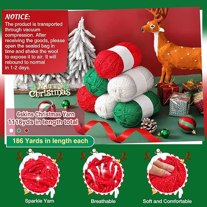 Timgle 6 Pcs Skeins Christmas Yarn for Crocheting 186 Yard Christmas Glitter Yarn Soft Each 100g/ 3.53 oz Knitting Crocheting Gift Craft Project Assorted Starter (Red Green White)