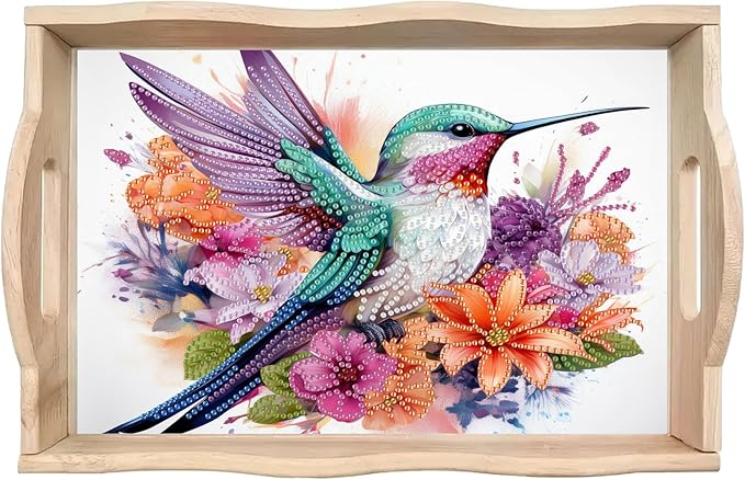 DoxQcs DIY Diamond Art Wooden Tray Kit Easter Food Tray with Handle Diamond Painted Table Decoration Tray for Breakfast Bar Dinner Table Diamond Art Painting for Beginners-#08-Hummingbird
