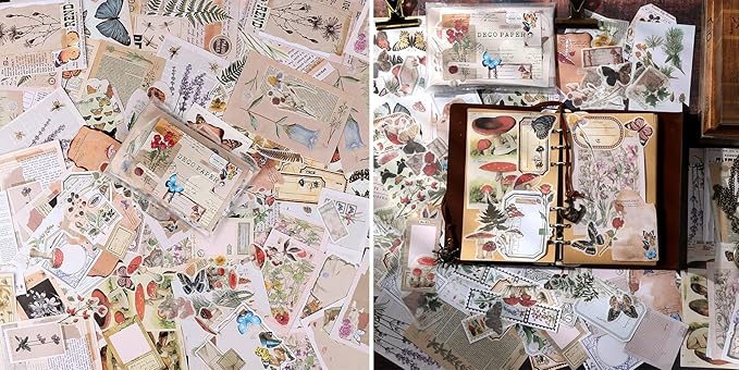 Draupnir 200pcs Vintage Junk Journal Supplies,Scrapbook Supplies Scrapbooking Paper and Stickers Ephemera for Art Aesthetic Journaling Kit Collage(Nature)