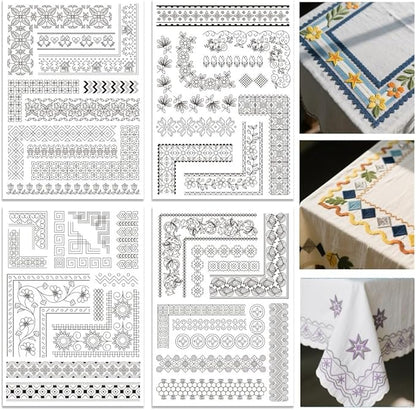ORIGACH 4 Sheets Water Soluble Embroidery Patterns Stabilizers - Pre-Printed Borders & Motifs Designs - Stick & Stitch Embroidery Paper for Hand Sewing Lovers