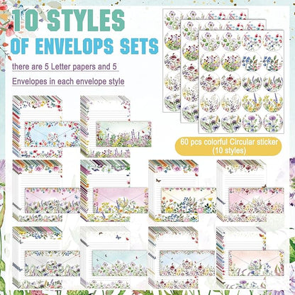 TaoBary 160 Pcs Stationery Paper Set 50 Double Sided Stationery Papers with 50 Matching Envelopes and 60 Round Dot Sticker, 10 Design(Wildflower,8.5 x 11 Inch)
