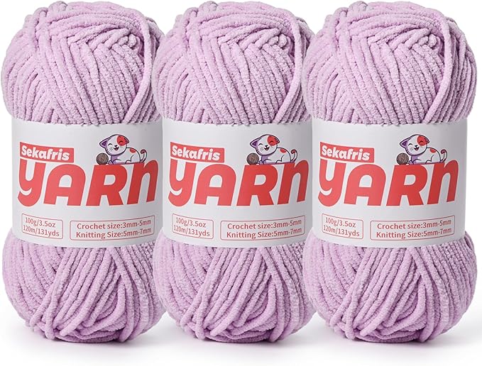 3 Pack Plush Chunky Chenille Yarn for Crocheting, Soft Fluffy Velvet Yarn for Crocheting, Fuzzy Baby Blanket Knitting Yarns, 300g/393yds Bulky Amigurumi Yarns（3 Light Purple）