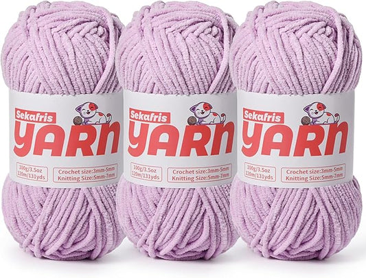 3 Pack Plush Chunky Chenille Yarn for Crocheting, Soft Fluffy Velvet Yarn for Crocheting, Fuzzy Baby Blanket Knitting Yarns, 300g/393yds Bulky Amigurumi Yarns（3 Light Purple）