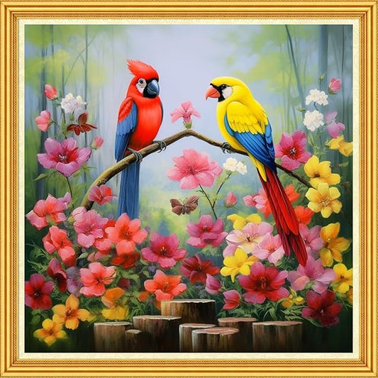 Foxhool Stamped Cross Stitch Kits,11CT Printed Cross Stitch Pattern Full Embroidery Kits for Beginner Needlepoint Kits-Flower Parrot 18x18 inch
