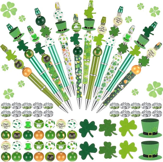 Geyee 12 Set Plastic Beadable Pens Assorted Bead Pens Crystal Wood Round Spacer Set Black Ink DIY Ballpoint for Women Men Gift Office Supplies(Shamrock)