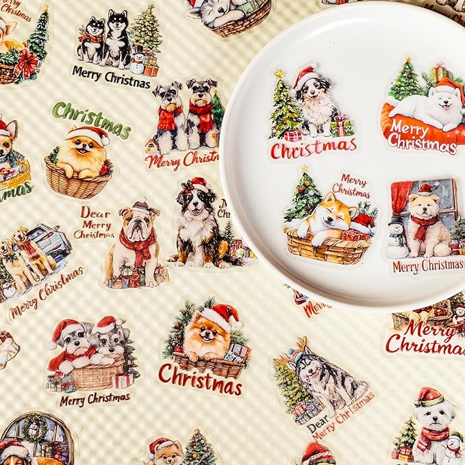 56 Pcs Cute Christmas Dog Stickers, Clear Waterproof Scrapbook Stickers with Santa Hat & Gifts, Adorable Puppy Holiday Decorative Decals for Journals, Crafts Cards Making