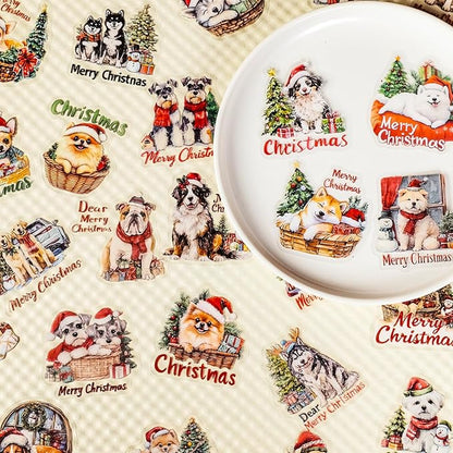 56 Pcs Cute Christmas Dog Stickers, Clear Waterproof Scrapbook Stickers with Santa Hat & Gifts, Adorable Puppy Holiday Decorative Decals for Journals, Crafts Cards Making