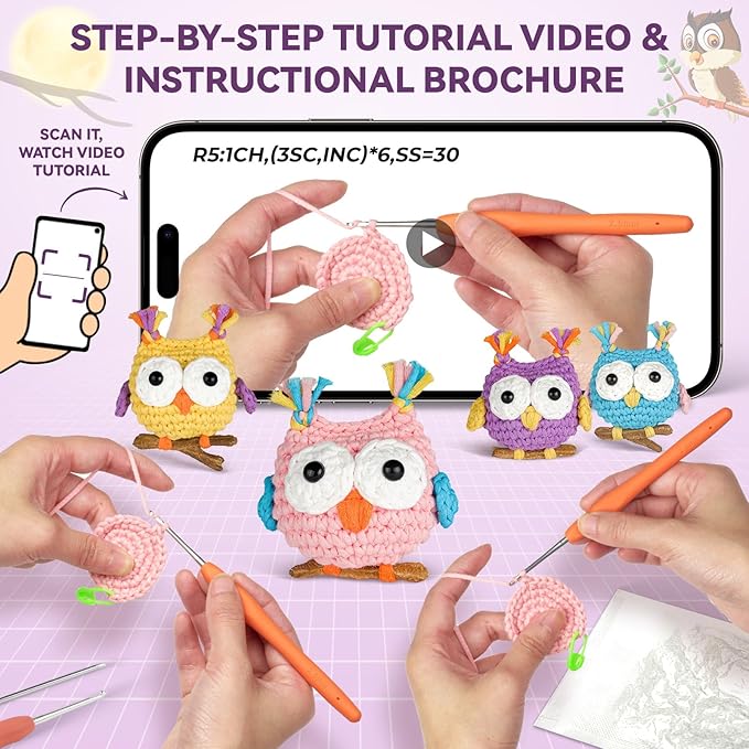 MOREJMTT Crochet Kit for Beginners, Crochet Animal Kits, Crocheting Kit for Starters, Learn to Crochet with Step-by-Step Video Tutorials, Beginner Crochet Kit for Adults(4 Pack owl)