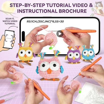 MOREJMTT Crochet Kit for Beginners, Crochet Animal Kits, Crocheting Kit for Starters, Learn to Crochet with Step-by-Step Video Tutorials, Beginner Crochet Kit for Adults(4 Pack owl)