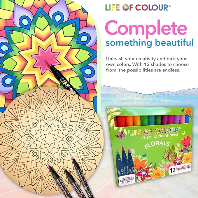 Life of Colour Mandala Painting Kit - Extra Large 15" Color Your Own Beach Engraved Board with 12 Acrylic Paint Pens - Restorative Mandala Art Meets Dramatic Wall Décor, Big 15+ Inch Size