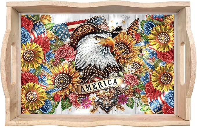 DoxQcs DIY Diamond Art Wooden Tray Kit Easter Food Tray with Handle Diamond Painted Table Decoration Tray for Breakfast Bar Dinner Table Diamond Art Painting for Beginners-19-USA Eagle