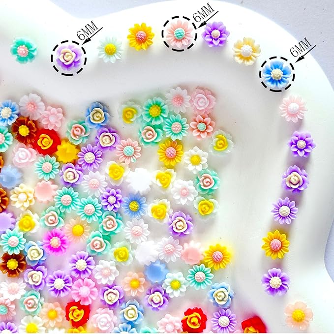400PCS Flatback Resin Flower Charms Beads for Crafts,Mini Cabochon Charms Mixed Colors Flower Resin Slime Charms Bulk for Nail Art Scrapbooking Decor