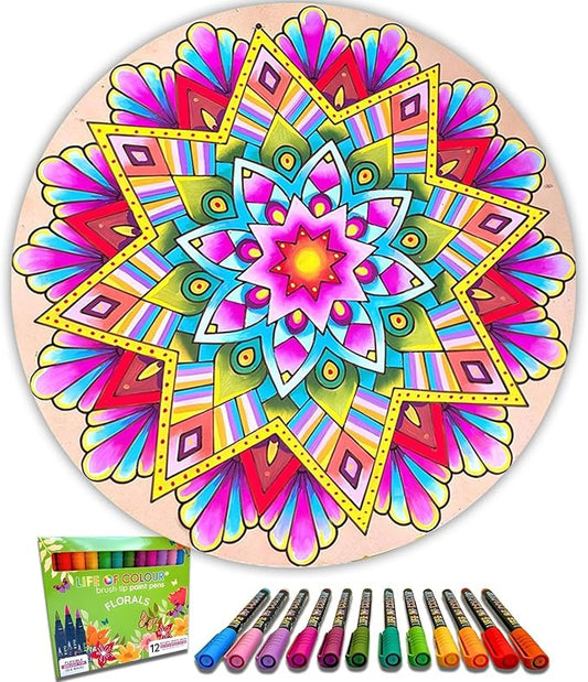 Life of Colour Mandala Painting Kit - Extra Large 15" Color Your Own Beach Engraved Board with 12 Acrylic Paint Pens - Restorative Mandala Art Meets Dramatic Wall Décor, Big 15+ Inch Size