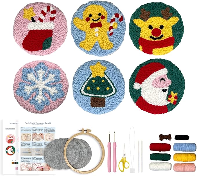 Christmas Punch Needle Kit for Adults Beginners, Easy Punch Embroidery Coaster Starter Set with Instruction – Fun Mug Rug Making Kit for Table Decor & Festival DIY Gifts