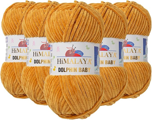 5 Skein/Pack Himalaya Dolphin Baby Chenille Yarn, Each Ball 100 gr (3.5 oz), 120 m (132 Yards), 100% Polyester, Super Bulky Baby Blanket Velvet Amigurumi Yarn, 80330 - Mustard Yellow