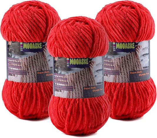 Baby Blanket Yarn for Crocheting - Soft Velvet Fluffy Chenille Yarn for Knitting Amigurumi Making Scarves, Doll - 100g/3.5oz 131 Yards Thick Plush Yarns (3, Red)