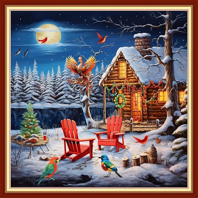 Foxdiviy Stamped Cross Stitch Kits Full Range of Embroidery Needlework Starter Kits for Beginners Adults 11CT Embroidery Patterns Art Crafts DIY Needlepoint Kits-Snowy Night 18x18 inch