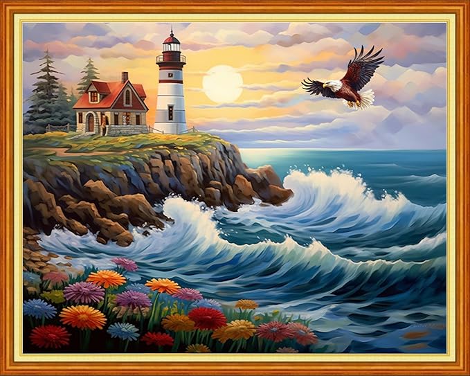 Foxhool Stamped Cross Stitch Kits,11CT Printed Cross Stitch Pattern Full Embroidery Kits for Beginner Needlepoint Kits-Sunrise Lighthouse 16x20 inch