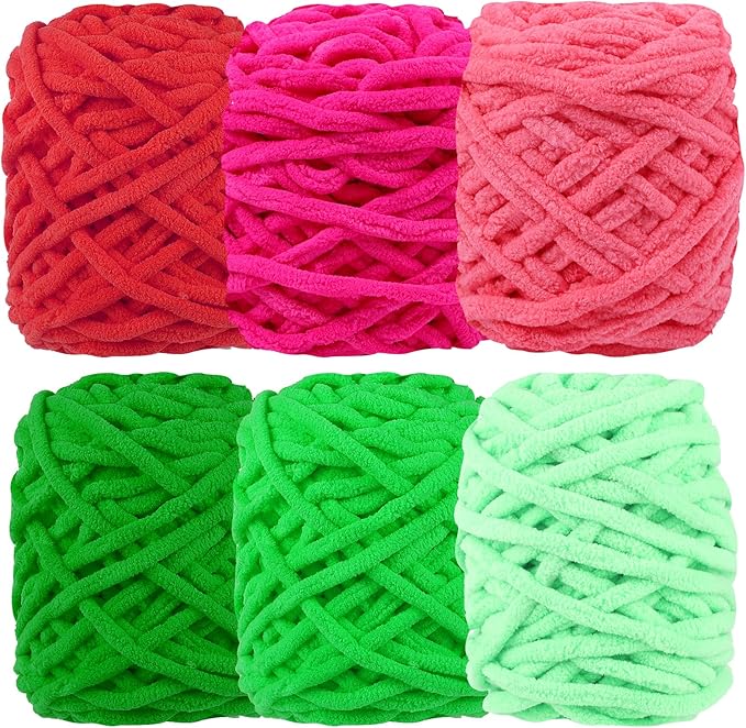 WSICSE Red Green Chenille Yarn, Thick Chunky Fluffy Blanket Yarn for Crocheting Plush Soft for Knitting DIY Christmas Stuffers, 6 Pack 100g Each 3.5 oz 55 Yards
