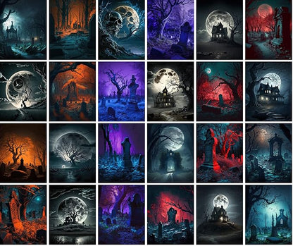 Large Stickers 24 pcs (2.5"x3.5" Each) Abandoned Graveyard in Night Forest Vintage Halloween Postcards Thriller Book Illustrations Reprint