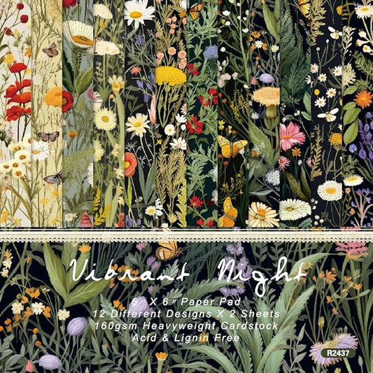 DESEACO 6x6 Inch Scrapbook Paper Pad-24 Single-Sided Sheets with 12 Unique Wildflower Designs-Perfect for Crafting, Card Making and DIY Projects
