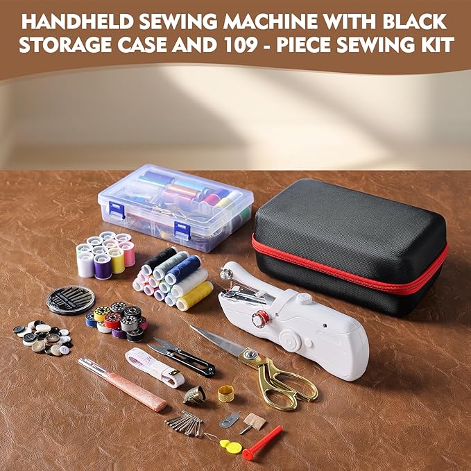 Handheld Sewing Machine with Black Storage Case and 109-Piece Sewing Kit, Mini Portable Cordless Hand Sewing Machine, Ideal for Adults & Beginners, Complete Set of Quick Home Clothing Repair Tools
