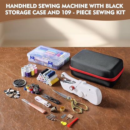 Handheld Sewing Machine with Black Storage Case and 109-Piece Sewing Kit, Mini Portable Cordless Hand Sewing Machine, Ideal for Adults & Beginners, Complete Set of Quick Home Clothing Repair Tools